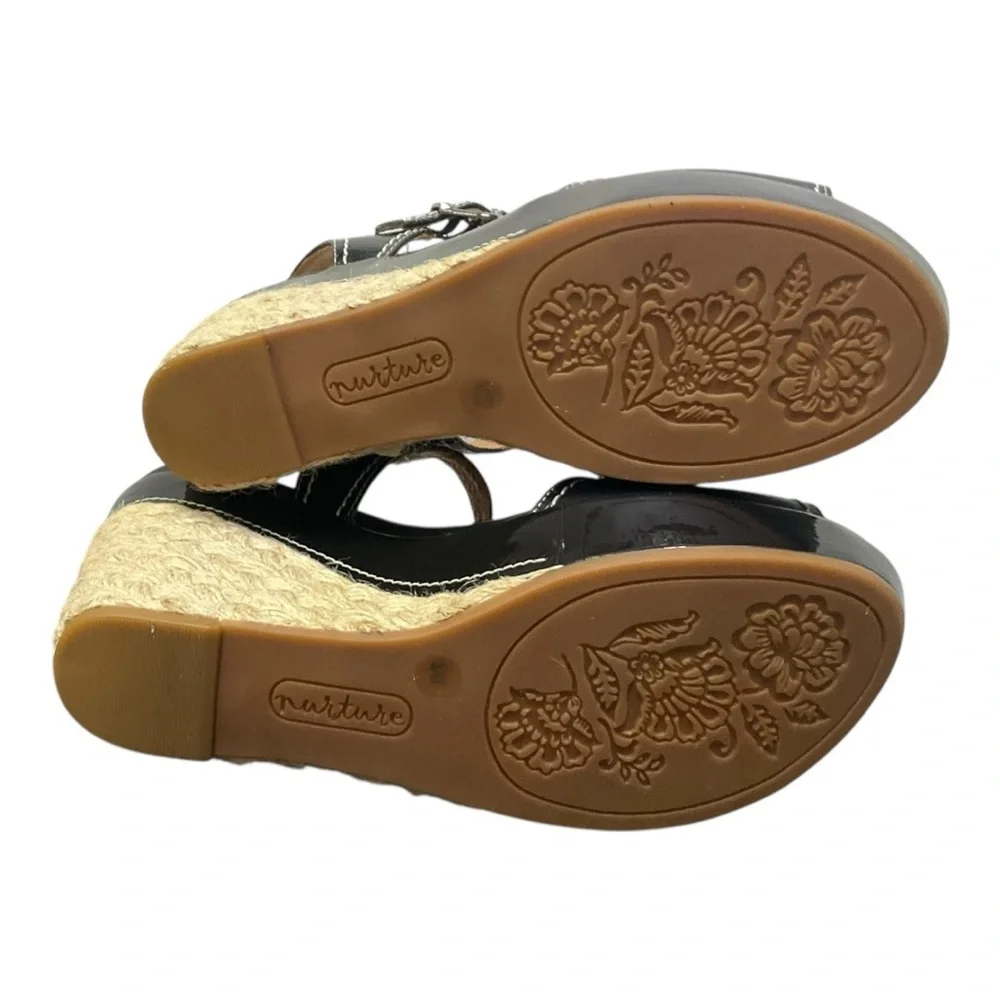 🌿 Nurture Women’s 9M Black Leather Espadrille Wedge Sandal Platform Heel NIB‎